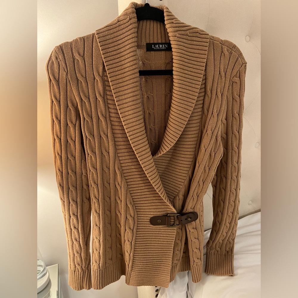 Lauren Ralph Lauren Camel Shawl Collar Cable Knit Cardigan with Buckle